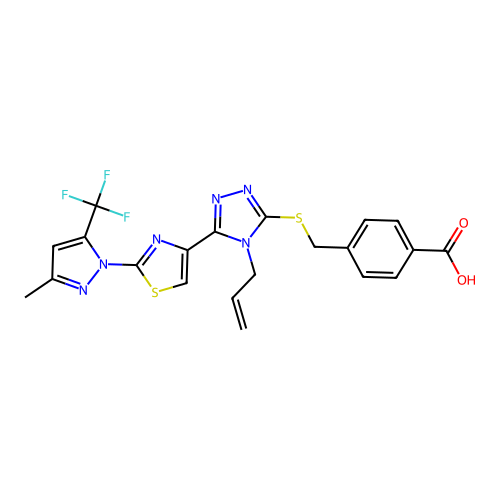 4-{[(4-allyl-5-{2-[3-methyl-5-(trifluoromethyl)-1H-pyrazol-1-yl]-1,3-thiazol-4-yl}-4H-1,2,4-triazol-3-yl)sulfanyl]methyl}benzenecarboxylic acid structure
