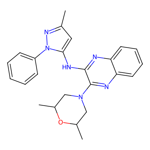 3-(2,6-dimethylmorpholin-4-yl)-N-(3-methyl-1-phenyl-1H-pyrazol-5-yl)quinoxalin-2-amine structure