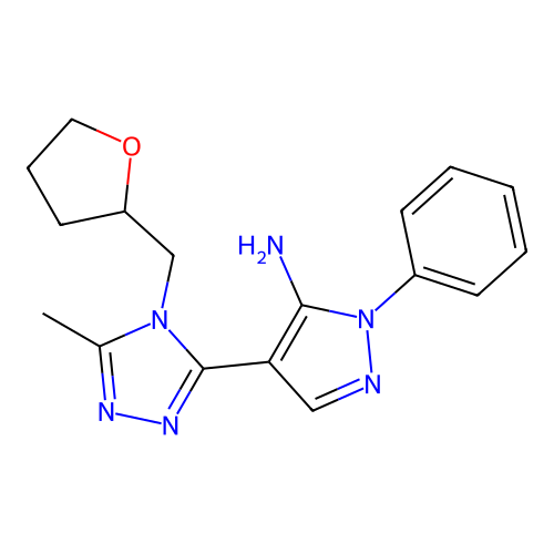 4-[5-methyl-4-(tetrahydro-2-furanylmethyl)-4H-1,2,4-triazol-3-yl]-1-phenyl-1H-pyrazol-5-amine structure