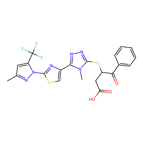 3-[(4-methyl-5-{2-[3-methyl-5-(trifluoromethyl)-1H-pyrazol-1-yl]-1,3-thiazol-4-yl}-4H-1,2,4-triazol-3-yl)sulfanyl]-4-oxo-4-phenylbutanoic acid structure