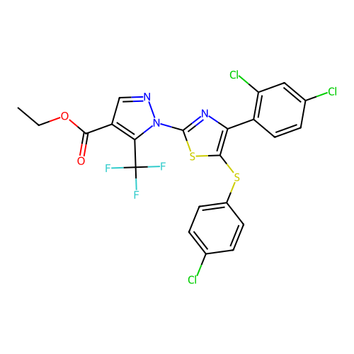 ethyl 1-[5-[(4-chlorophenyl)sulfanyl]-4-(2,4-dichlorophenyl)-1,3-thiazol-2-yl]-5-(trifluoromethyl)-1H-pyrazole-4-carboxylate structure