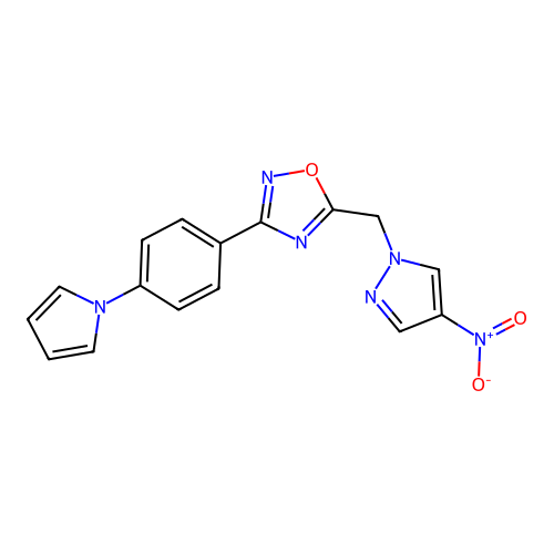 5-[(4-nitro-1H-pyrazol-1-yl)methyl]-3-[4-(1H-pyrrol-1-yl)phenyl]-1,2,4-oxadiazole structure