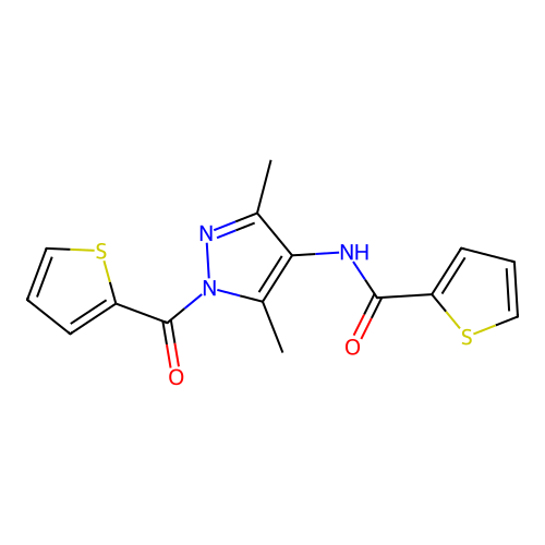 N-[3,5-dimethyl-1-(thiophene-2-carbonyl)pyrazol-4-yl]thiophene-2-carboxamide structure