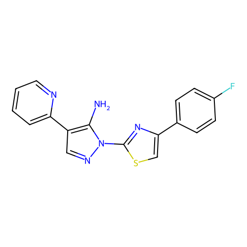 1-[4-(4-fluorophenyl)-1,3-thiazol-2-yl]-4-(2-pyridinyl)-1H-pyrazol-5-amine structure