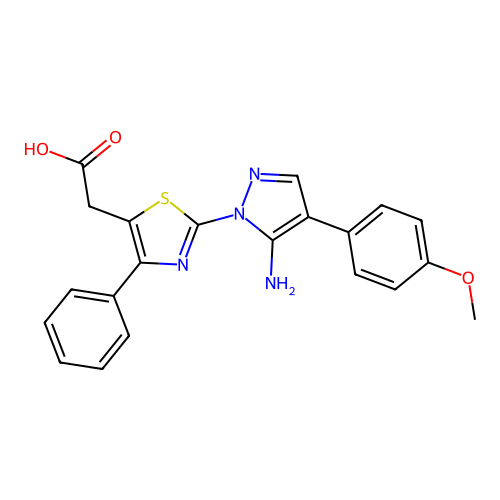 2-{2-[5-amino-4-(4-methoxyphenyl)-1H-pyrazol-1-yl]-4-phenyl-1,3-thiazol-5-yl}acetic acid structure