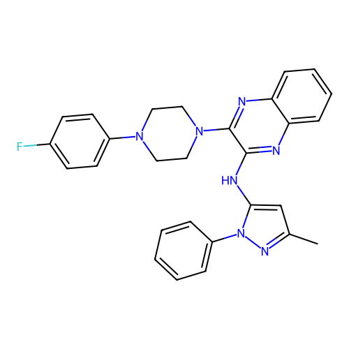 3-[4-(4-fluorophenyl)piperazin-1-yl]-N-(3-methyl-1-phenyl-1H-pyrazol-5-yl)quinoxalin-2-amine structure