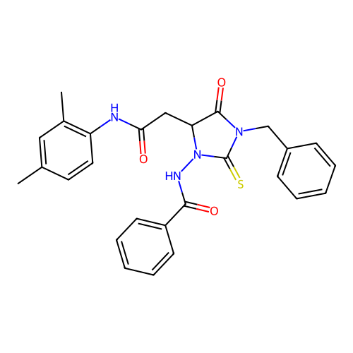 N-(3-benzyl-5-{2-[(2,4-dimethylphenyl)amino]-2-oxoethyl}-4-oxo-2-thioxoimidazolidin-1-yl)benzamide structure