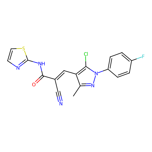 (E)-3-[5-chloro-1-(4-fluorophenyl)-3-methylpyrazol-4-yl]-2-cyano-N-(1,3-thiazol-2-yl)prop-2-enamide structure