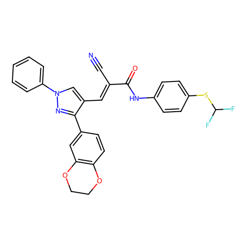 (E)-2-cyano-N-[4-(difluoromethylsulfanyl)phenyl]-3-[3-(2,3-dihydro-1,4-benzodioxin-6-yl)-1-phenylpyrazol-4-yl]prop-2-enamide structure