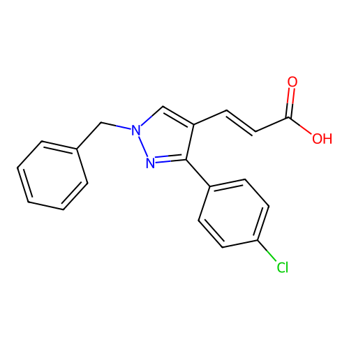 (E)-3-[1-benzyl-3-(4-chlorophenyl)pyrazol-4-yl]prop-2-enoic acid structure