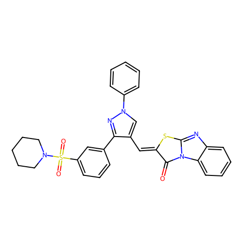 (2Z)-2-({1-phenyl-3-[3-(piperidin-1-ylsulfonyl)phenyl]-1H-pyrazol-4-yl}methylidene)[1,3]thiazolo[3,2-a]benzimidazol-3(2H)-one structure
