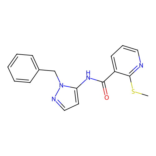 N-(1-benzyl-1H-pyrazol-5-yl)-2-(methylsulfanyl)pyridine-3-carboxamide structure