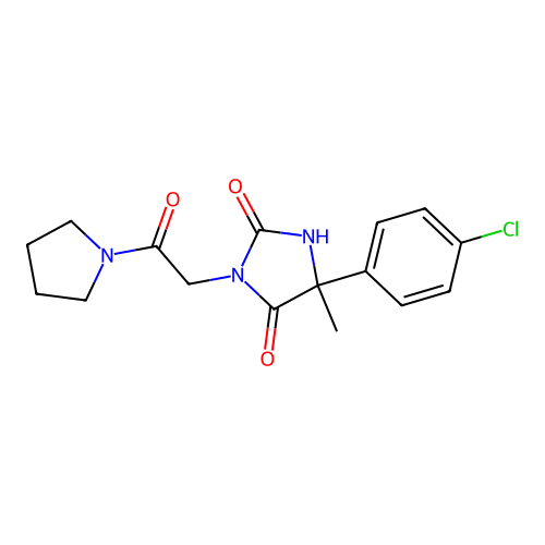 5-(4-chlorophenyl)-5-methyl-3-(2-oxo-2-pyrrolidin-1-ylethyl)imidazolidine-2,4-dione structure
