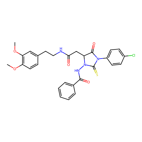 N-[3-(4-chlorophenyl)-5-(2-{[2-(3,4-dimethoxyphenyl)ethyl]amino}-2-oxoethyl)-4-oxo-2-thioxoimidazolidin-1-yl]benzamide structure