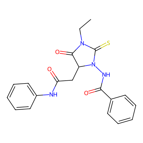 N-[5-(2-anilino-2-oxoethyl)-3-ethyl-4-oxo-2-sulfanylideneimidazolidin-1-yl]benzamide structure