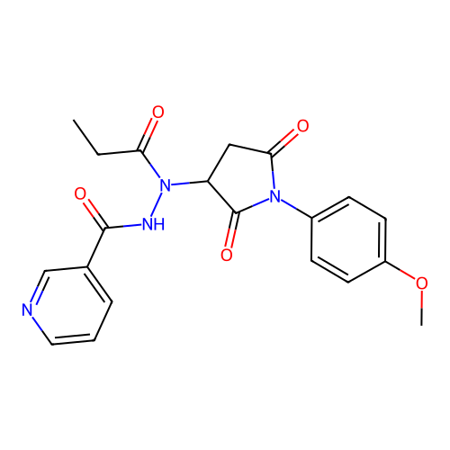 N'-[1-(4-methoxyphenyl)-2,5-dioxopyrrolidin-3-yl]-N'-propanoylpyridine-3-carbohydrazide structure