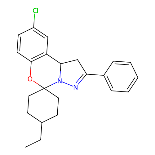 2-chloro-14-ethyl-9-phenylspiro[10aH-benzo[e]2-pyrazolino[1,5-c]1,3-oxazine-6, 4'-cyclohexane] structure