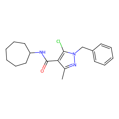 1-benzyl-5-chloro-N-cycloheptyl-3-methyl-1H-pyrazole-4-carboxamide structure