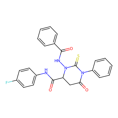 N-(4-fluorophenyl)-6-oxo-1-phenyl-3-[(phenylcarbonyl)amino]-2-thioxohexahydropyrimidine-4-carboxamide structure