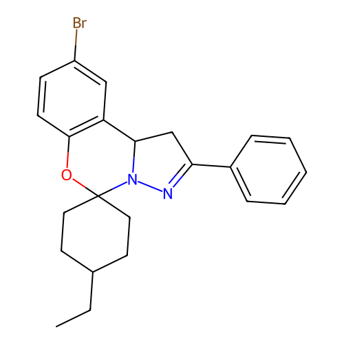 2-bromo-14-ethyl-9-phenylspiro[10aH-benzo[e]2-pyrazolino[1,5-c]1,3-oxazine-6,4'-cyclohexane] structure