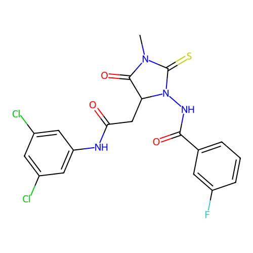 N-(5-{2-[(3,5-dichlorophenyl)amino]-2-oxoethyl}-3-methyl-4-oxo-2-thioxoimidazolidin-1-yl)-3-fluorobenzamide structure