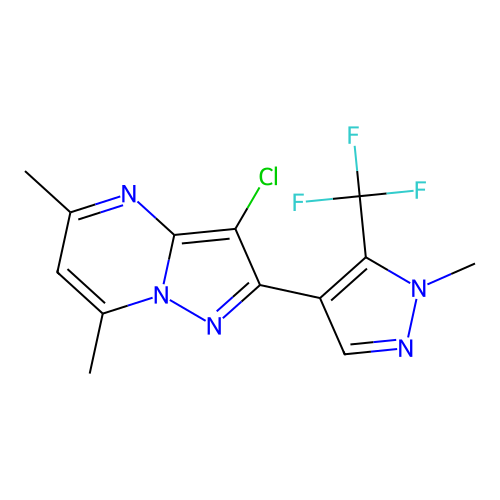 3-chloro-5,7-dimethyl-2-[1-methyl-5-(trifluoromethyl)-1H-pyrazol-4-yl]pyrazolo[1,5-a]pyrimidine structure