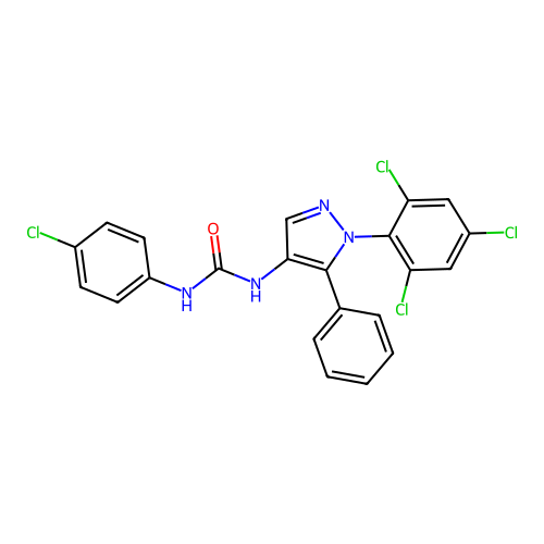 N-(4-chlorophenyl)-N'-[5-phenyl-1-(2,4,6-trichlorophenyl)-1H-pyrazol-4-yl]urea structure