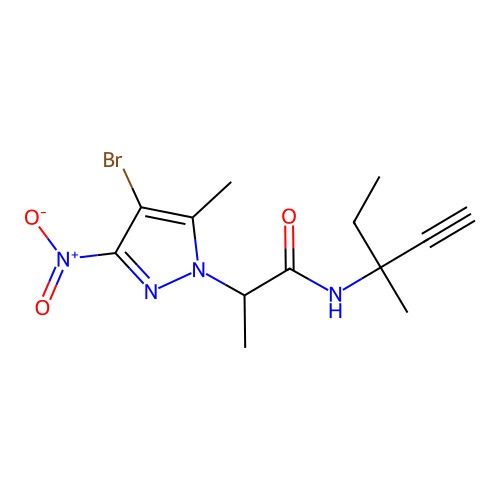 2-(4-bromo-5-methyl-3-nitropyrazol-1-yl)-N-(3-methylpent-1-yn-3-yl)propanamide structure