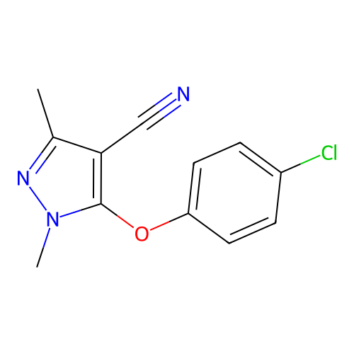 5-(4-chlorophenoxy)-1,3-dimethyl-1H-pyrazole-4-carbonitrile structure