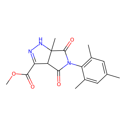methyl 5-mesityl-6a-methyl-4,6-dioxo-1,3a,4,5,6,6a-hexahydropyrrolo[3,4-c]pyrazole-3-carboxylate structure
