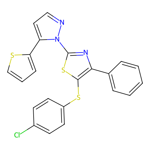 5-(4-Chlorophenyl)sulfanyl-4-phenyl-2-(5-thiophen-2-ylpyrazol-1-yl)-1,3-thiazole structure