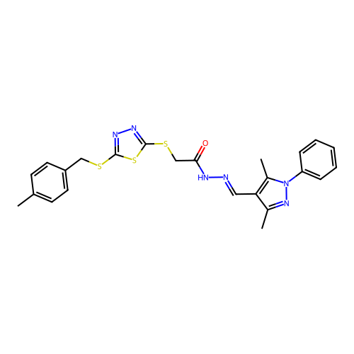(E)-N'-((3,5-dimethyl-1-phenyl-1H-pyrazol-4-yl)methylene)-2-((5-((4-methylbenzyl)thio)-1,3,4-thiadiazol-2-yl)thio)acetohydrazide structure