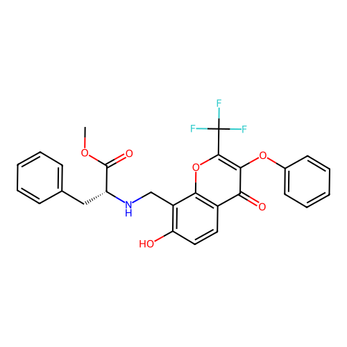 (R)-methyl 2-(((7-hydroxy-4-oxo-3-phenoxy-2-(trifluoromethyl)-4H-chromen-8-yl)methyl)amino)-3-phenylpropanoate structure