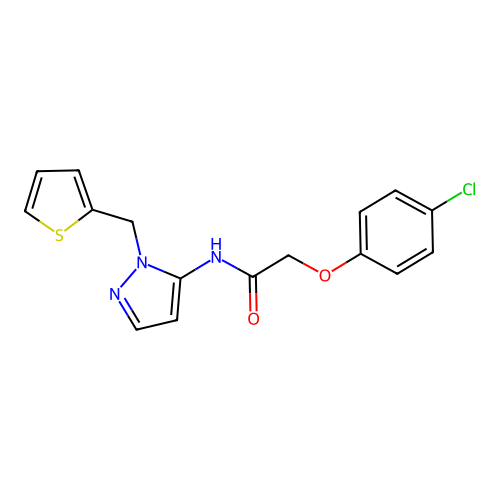 2-(4-chlorophenoxy)-N-[1-(thiophen-2-ylmethyl)-1H-pyrazol-5-yl]acetamide structure