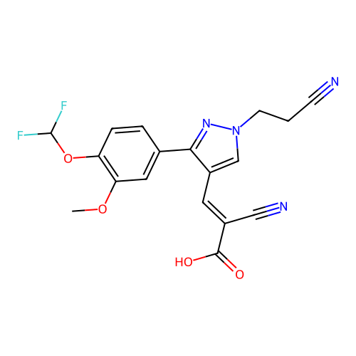 2-cyano-3-[1-(2-cyanoethyl)-3-[4-(difluoromethoxy)-3-methoxyphenyl]-1H-pyrazol-4-yl]prop-2-enoic acid structure