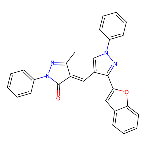 4-[(3-benzofuran-2-yl-1-phenyl-pyrazol-4-yl)methylidene]-5-methyl-2-phenyl-pyrazol-3-one structure