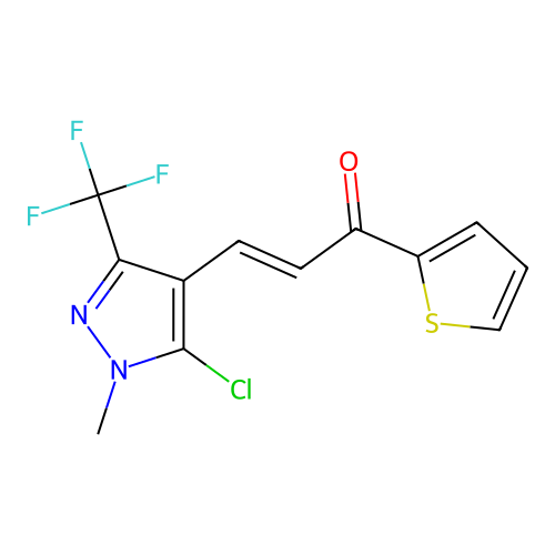 (E)-3-[5-chloro-1-methyl-3-(trifluoromethyl)-1H-pyrazol-4-yl]-1-(2-thienyl)-2-propen-1-one structure