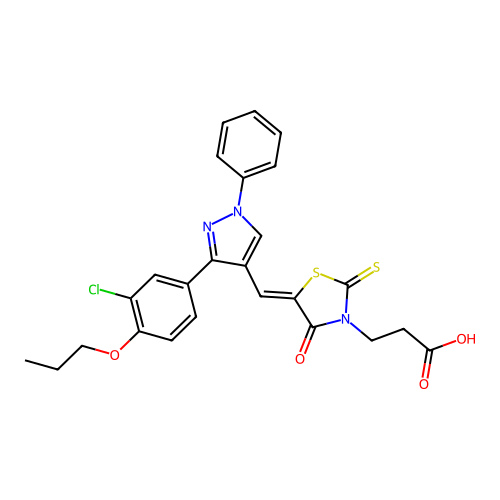 3-[(5Z)-5-{[3-(3-chloro-4-propoxyphenyl)-1-phenyl-1H-pyrazol-4-yl]methylidene}-4-oxo-2-thioxo-1,3-thiazolidin-3-yl]propanoic acid structure