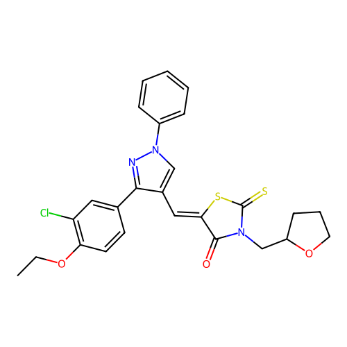 (5Z)-5-{[3-(3-chloro-4-ethoxyphenyl)-1-phenyl-1H-pyrazol-4-yl]methylidene}-3-(tetrahydrofuran-2-ylmethyl)-2-thioxo-1,3-thiazolidin-4-one structure
