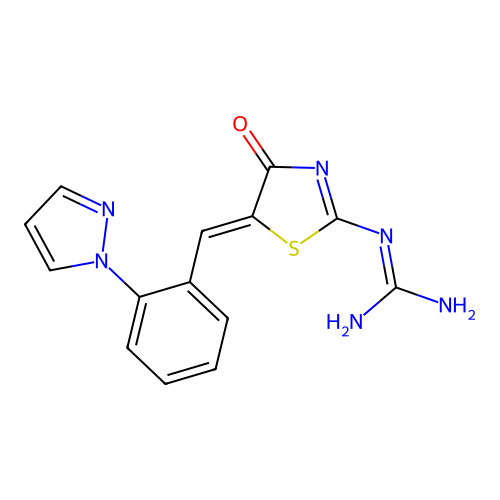 2-[4-Oxo-5-[(2-pyrazol-1-ylphenyl)methylidene]-1,3-thiazol-2-yl]guanidine structure