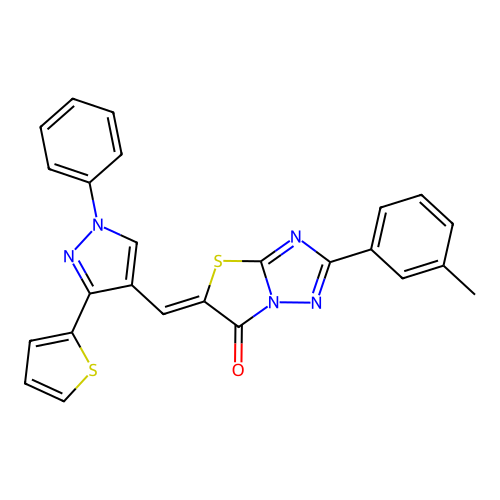 (5Z)-2-(3-methylphenyl)-5-[(1-phenyl-3-thien-2-yl-1H-pyrazol-4-yl)methylene][1,3]thiazolo[3,2-b][1,2,4]triazol-6(5H)-one structure