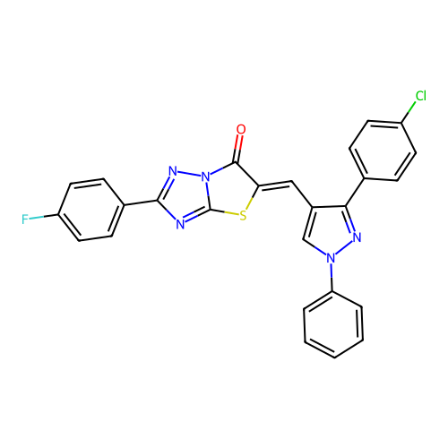(5Z)-5-{[3-(4-chlorophenyl)-1-phenyl-1H-pyrazol-4-yl]methylidene}-2-(4-fluorophenyl)[1,3]thiazolo[3,2-b][1,2,4]triazol-6(5H)-one structure