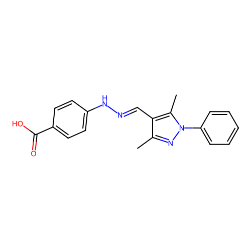 4-{(2E)-2-[(3,5-dimethyl-1-phenyl-1H-pyrazol-4-yl)methylidene]hydrazinyl}benzoic acid structure