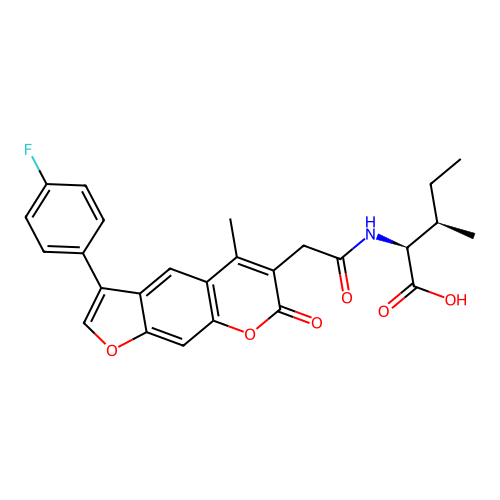 (2S,3R)-2-(2-(3-(4-fluorophenyl)-5-methyl-7-oxo-7H-furo[3,2-g]chromen-6-yl)acetamido)-3-methylpentanoic acid structure