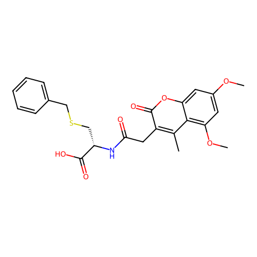 S-benzyl-N-[(5,7-dimethoxy-4-methyl-2-oxo-2H-chromen-3-yl)acetyl]-L-cysteine structure
