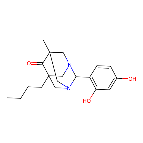 5-butyl-2-(2,4-dihydroxyphenyl)-7-methyl-1,3-diazatricyclo[3.3.1.1~3,7~]decan-6-one structure