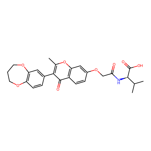 (2R)-2-[[2-[3-(3,4-dihydro-2H-1,5-benzodioxepin-7-yl)-2-methyl-4-oxochromen-7-yl]oxyacetyl]amino]-3-methylbutanoic acid structure