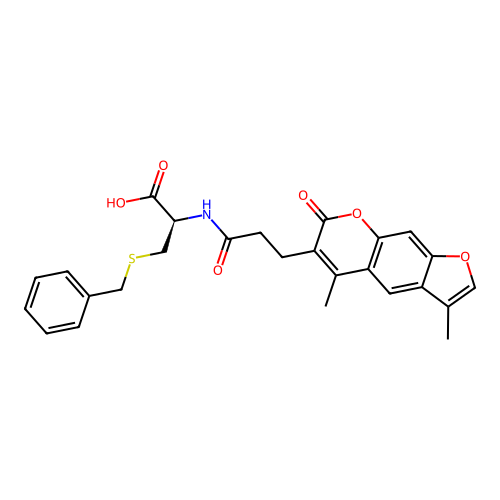 (R)-3-(benzylthio)-2-(3-(3,5-dimethyl-7-oxo-7H-furo[3,2-g]chromen-6-yl)propanamido)propanoic acid structure