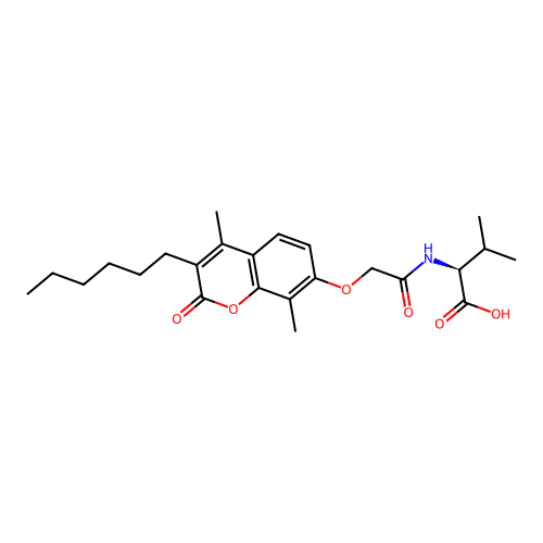 N-{[(3-hexyl-4,8-dimethyl-2-oxo-2H-chromen-7-yl)oxy]acetyl}-L-valine structure