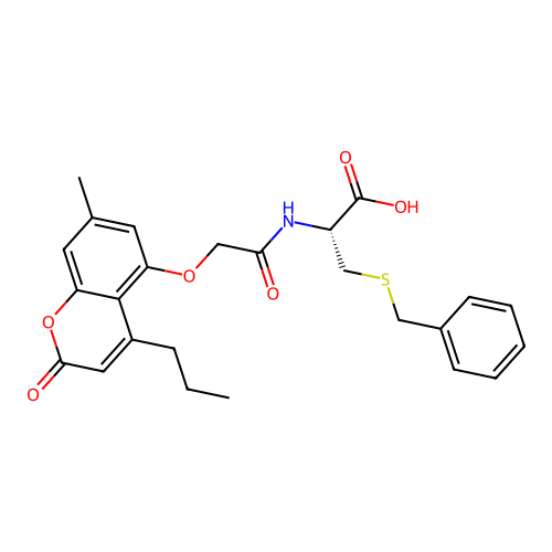 (R)-3-(benzylthio)-2-(2-((7-methyl-2-oxo-4-propyl-2H-chromen-5-yl)oxy)acetamido)propanoic acid structure